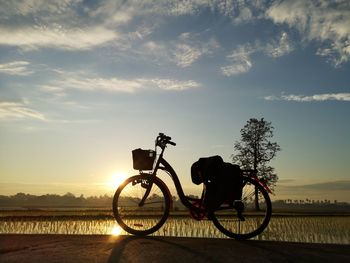 Silhouette man riding bicycle against sky during sunset