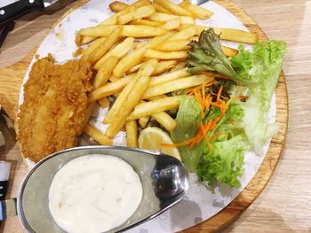 High angle view of food in plate on table