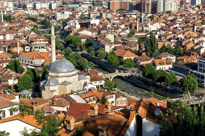 High angle view of buildings in town