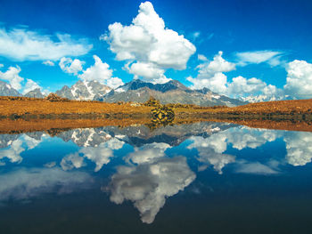 Scenic view of lake against blue sky