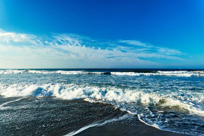 Scenic view of sea against blue sky