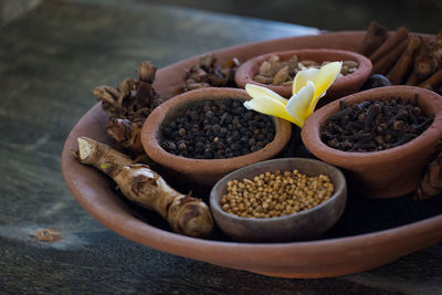 High angle view of fruits in bowl on table