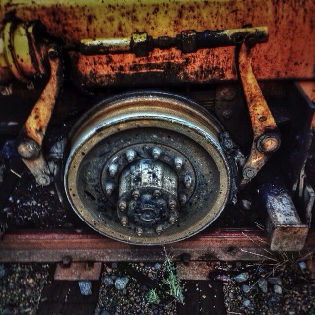 old, metal, rusty, obsolete, close-up, abandoned, metallic, deterioration, run-down, old-fashioned, damaged, weathered, high angle view, machinery, indoors, machine part, wood - material, equipment, wheel, no people