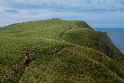 Rear view of man looking at mountain against sky