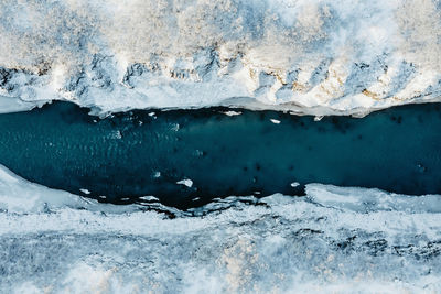 Aerial view of a river in iceland with turquoise water, melting ice