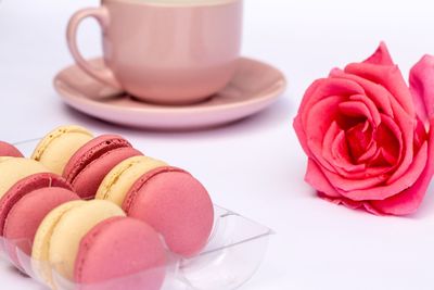 Close-up of macaroons with coffee cup and rose on white background