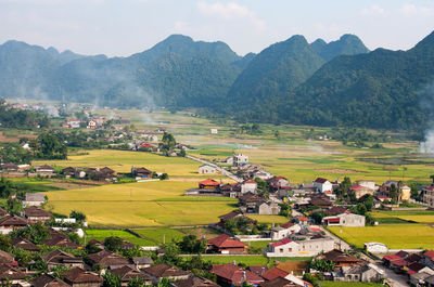 High angle view of houses in a field