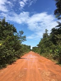 Dirt road amidst trees against sky