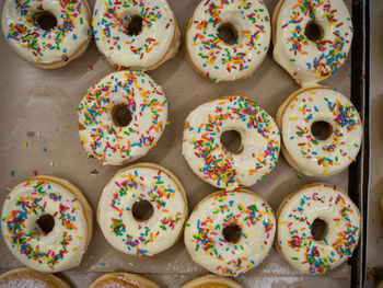 Directly above shot of multi colored candies on table