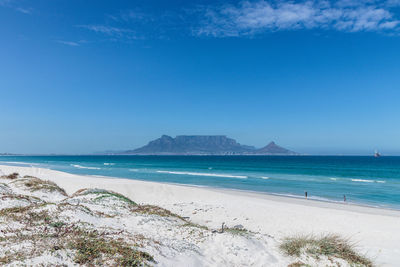 Scenic view of beach against blue sky