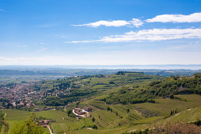 High angle view of agricultural field against sky