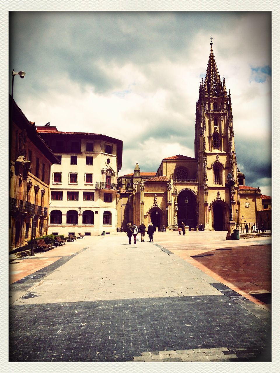 building exterior, architecture, built structure, transfer print, church, religion, sky, place of worship, cathedral, spirituality, auto post production filter, street, cloud - sky, city, the way forward, history, cloudy, cloud