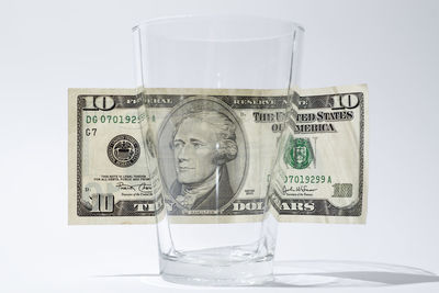 Close-up of glasses on table against white background