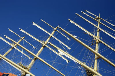 Low angle view of sailboat against clear blue sky