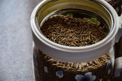 High angle view of food in jar on table