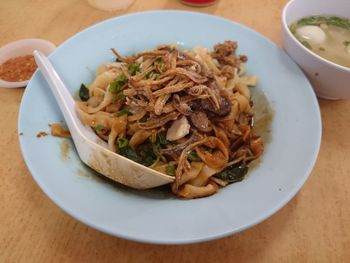 High angle view of noodles in bowl on table