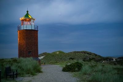 Lighthouse amidst buildings against sky