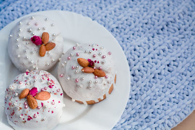 High angle view of dessert in plate on table