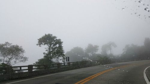 Empty country road along trees against clear sky in foggy weather