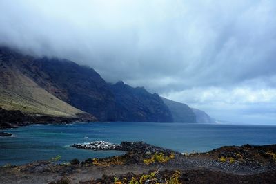 Scenic view of sea against storm clouds