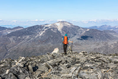 Rear view of man standing on rock against sky