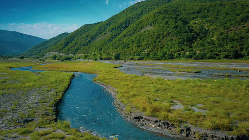 Scenic view of river amidst green landscape against sky