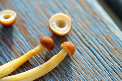 Close-up of edible mushrooms on table