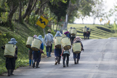 Rear view of people walking on road