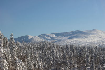 Scenic view of snowcapped mountains against clear sky