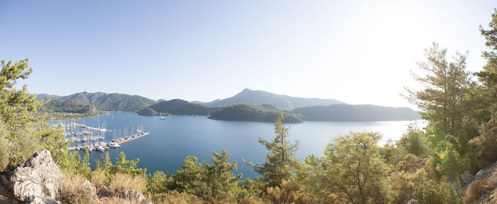 Scenic view of lake and mountains against clear sky