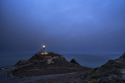 Lighthouse by sea against sky during sunset