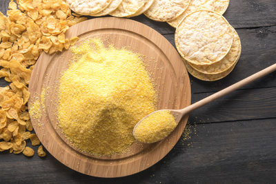 High angle view of bread in bowl on table