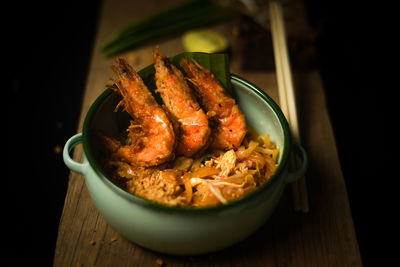 High angle view of meal served in bowl on table