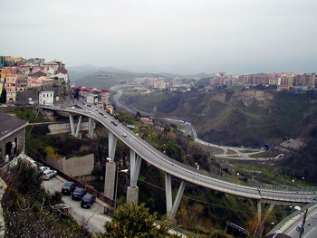 High angle view of road amidst buildings against sky