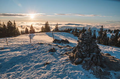 Scenic view of snow covered landscape against sky during sunset