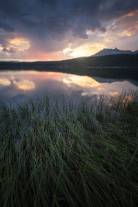 Scenic view of lake against sky during sunset