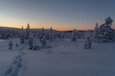 Scenic view of snow covered landscape against clear sky during sunset