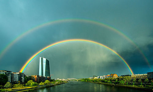 Scenic view of rainbow over river against sky