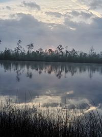 Scenic view of lake against sky during sunset