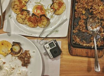 High angle view of meal served on table