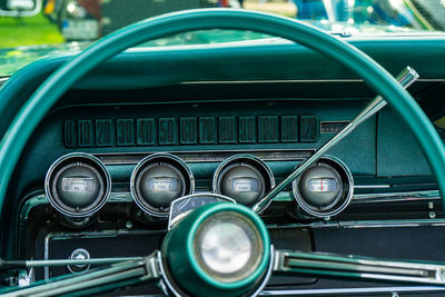 Interior view of old vintage car. view on dashboard of classic car