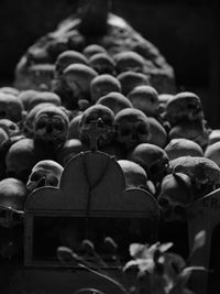 Cemetery against stack of human skulls