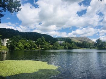 Scenic view of lake by trees against sky