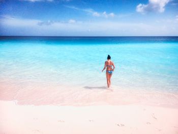 Rear view of woman at beach against sky