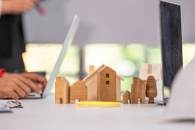 Close-up of model house on table