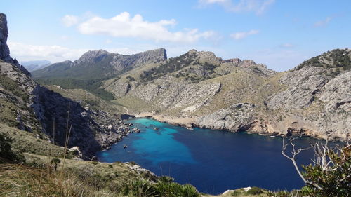 Panoramic view of lake and mountains against sky