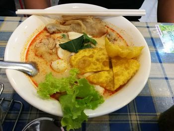 High angle view of food in plate on table