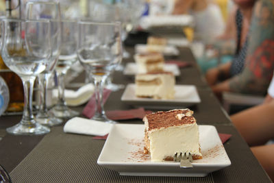 Close-up of ice cream served on table