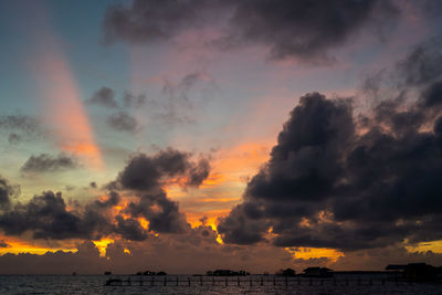 Sunset background and sun beam on the open sea with beautiful clouds.