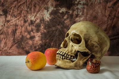 Still life with skull man with apples on a white floor